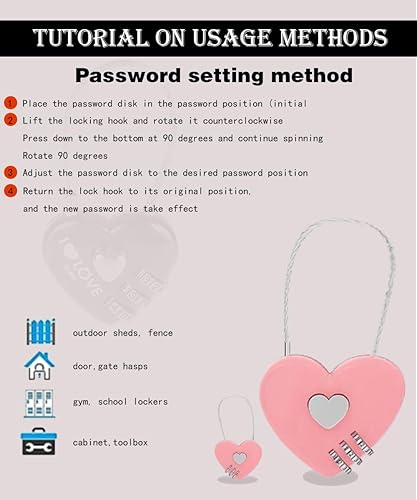 Miniatura 9 de WANLIAN Candado de 2 corazones, candado de código pequeño, candado de combinación de 3 dígitos con cuerda de alambre de acero de 4.13 pulgadas,