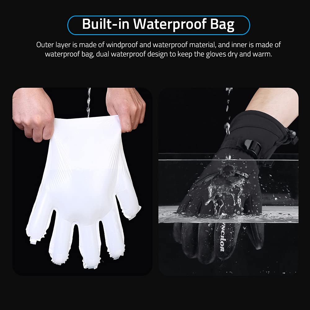 doorslay Winter Gloves Waterproof Windproof Gloves Touch Screen Snowboard Gloves Winter Warm Gloves with Zipper Pocket Suit for Skiing Running Driving Cycling Working Hiking (Black, Large)