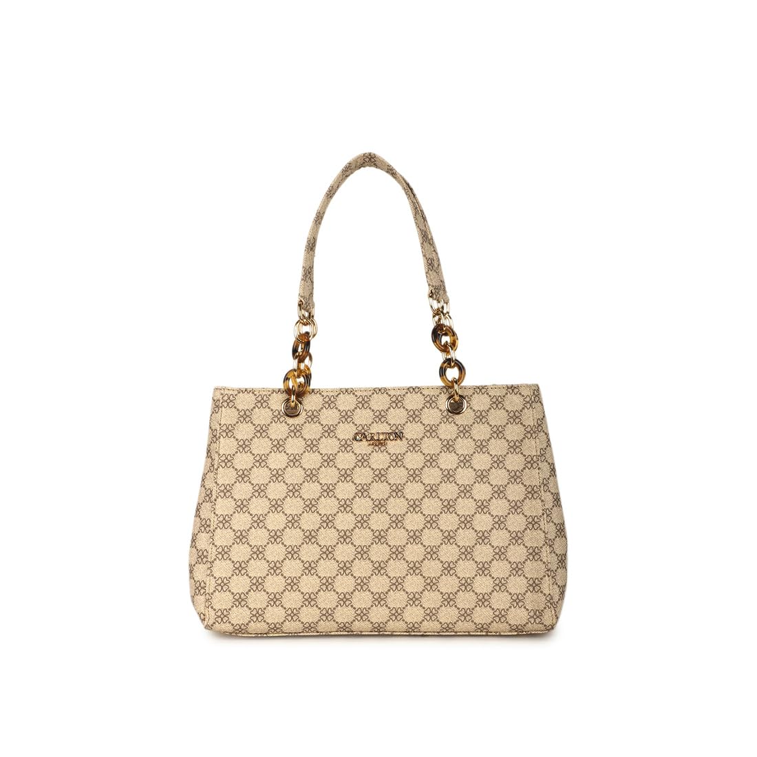 Carlton London Cream Monogram Tote Bag with Gold Chain-Link Handles