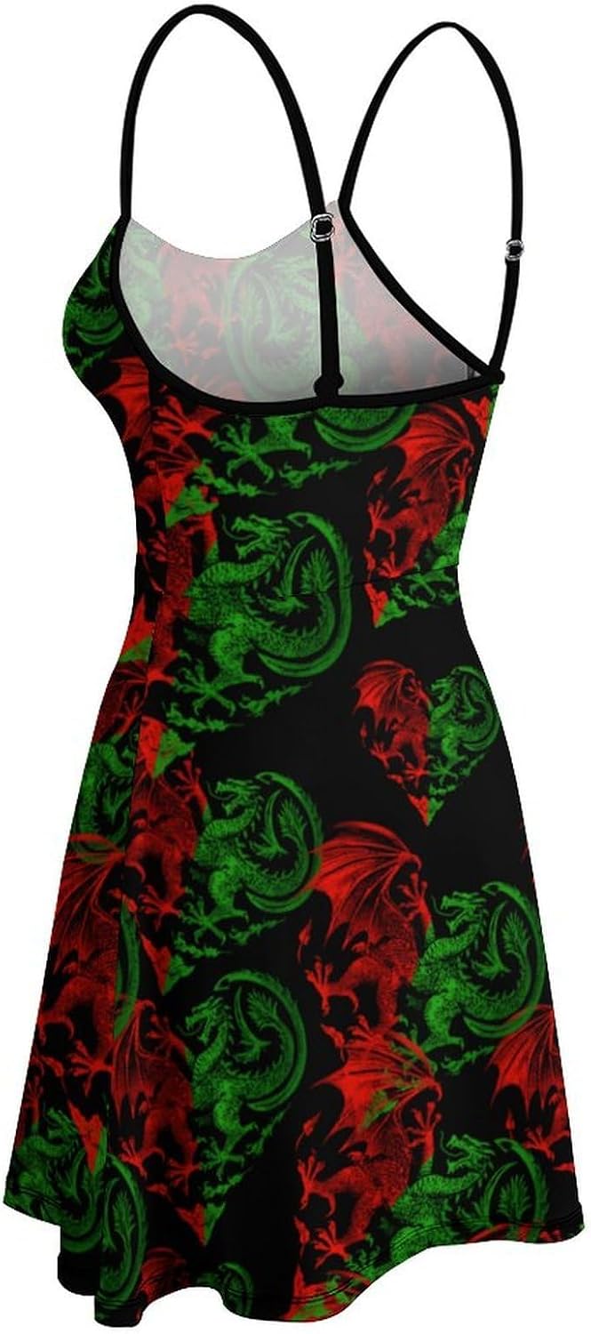 Heart Welsh Dragon Flag Short Cami Dress for Women Adjustable Spaghetti Strap Flowy Sundress Beach Vacation