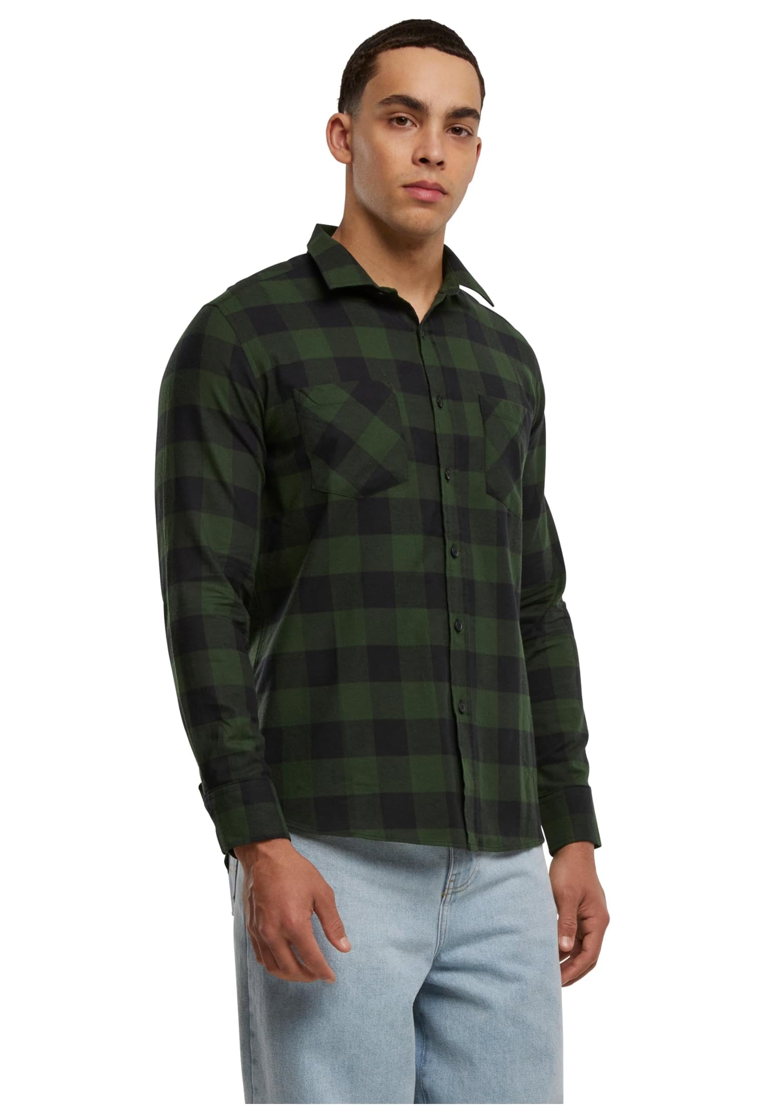 Urban Classics Men's Checked Flannel Shirt Casual Button-Down Shirt, Longsleeve Dress Shirt with Forearm Buttons, Regular Fit, 100% Flannel Yarn blk/forest M