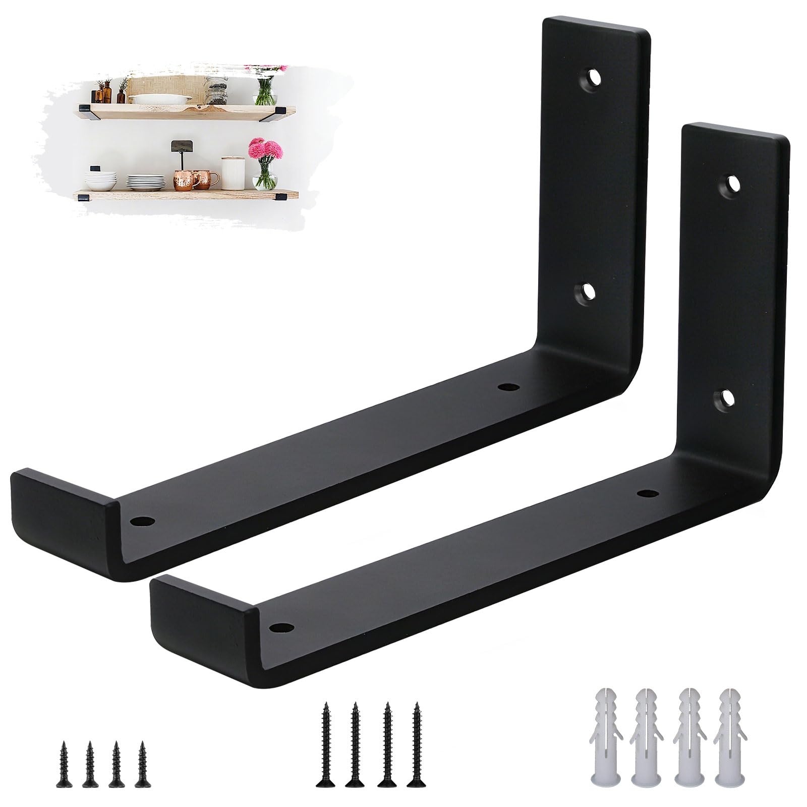 VTOPVMAX Scaffold Board Shelf Brackets 2 Pack - 5mm Thick Steel Heavy Duty Shelf Supports with Lips for 9 x 4 Inch (22.5cm x 10cm), Industrial Rustic Black Wall Shelf Brackets Kit