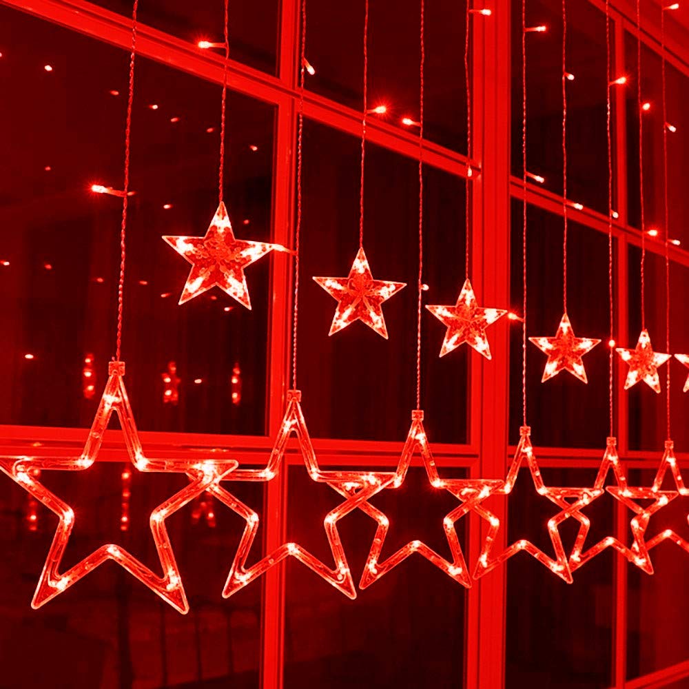 Rideau lumineux LED 2,5 m x 0,9 m 138 LED 12 étoiles Rideau de fenêtre avec télécommande USB pour Noël, mariage (rouge)