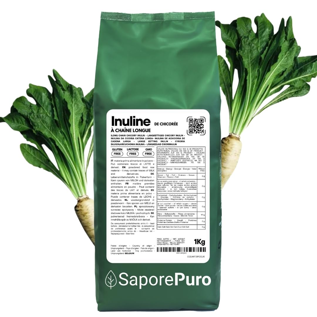 SaporePuro INULINE en poudre 1 kg - LONGUE CHAINE - Fibre végétale prébiotique issue de racines de chicorée - Poudre d'inuline haute performance pour le remplacement des graisses
