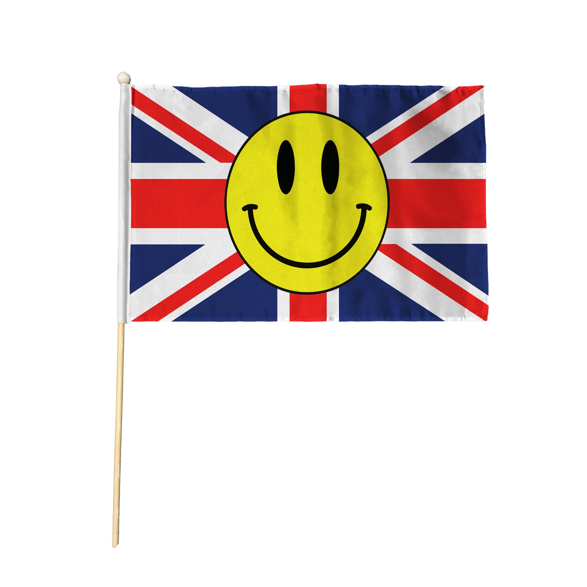 Flagtex Union Jack Smiley Face Pack of 12 Hand Waving Flag (9x6 Inch) - Premium Wooden Stick Hand Flag 9x6 Inch Natural Wood Pole UK British Happy Flag Events