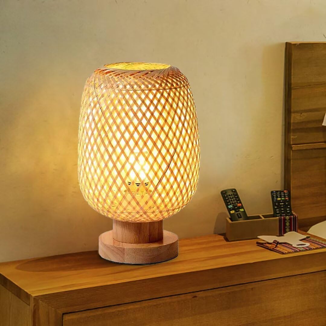 GUANSHAN Bamboo Weaving Table Lamp Small Exquisite Bamboo Lampshade Bedside Lamp Japanese Style Night Light Decorative Table Light Mood Table Lamp for Bedroom, Living Room, Style 2