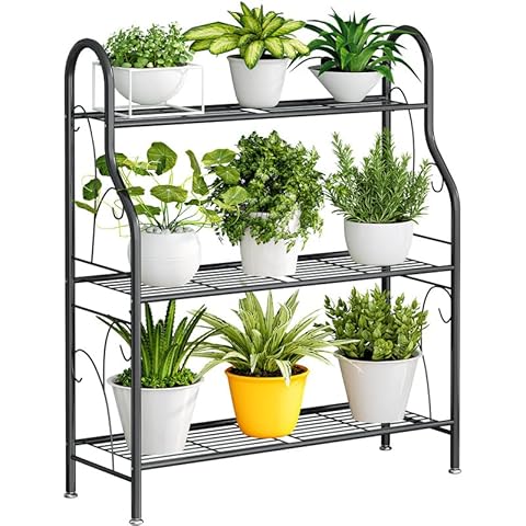 SORCEDAS Plant Stand Rack 3 Tier Metal Corner Plant Shelf Indoor Outdoor Multiple Holder for Living Room Balcony Garden ,Dark Grey Cover