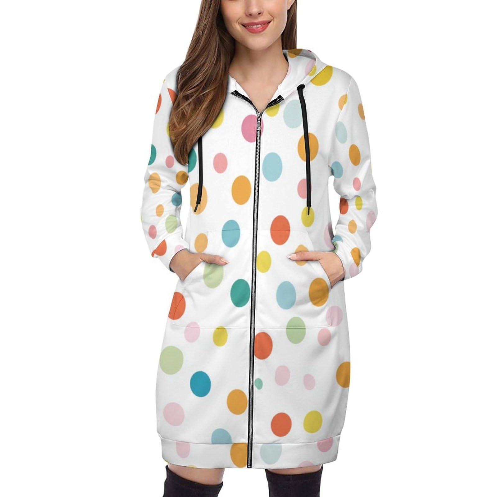 Felpa Donna con Zip Felpe Sportiva con Tasche E Cappuccio Motivo A Pois Morbida Invernale Giacca Regolabile Confortevole per Uso Quotidiano Casual