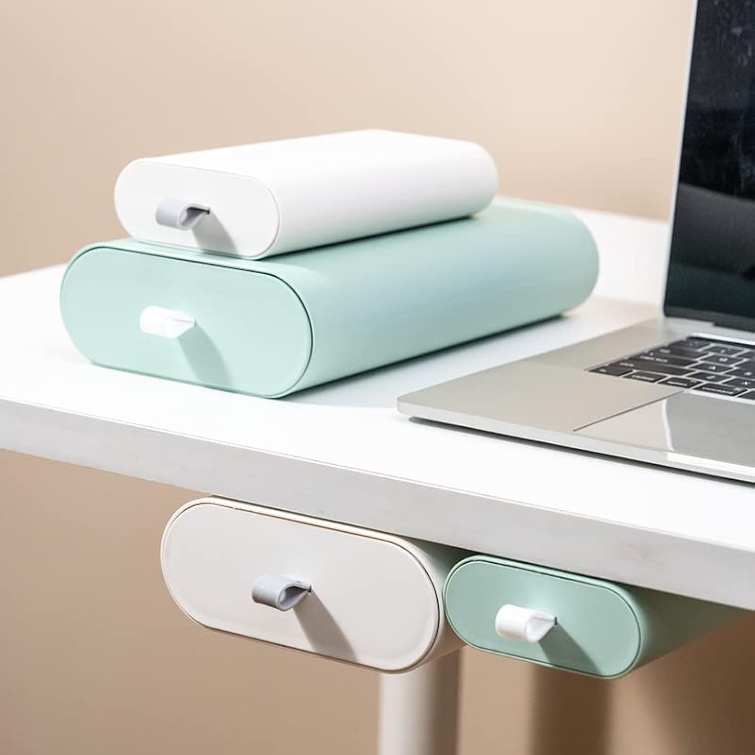 bakedbanana Hidden Self-Adhesive Under Desk Drawer/Storage Drawers Slide-out Large White Great for Office School Kitchen Home/Plastic Under desk Organizer (White,Large)