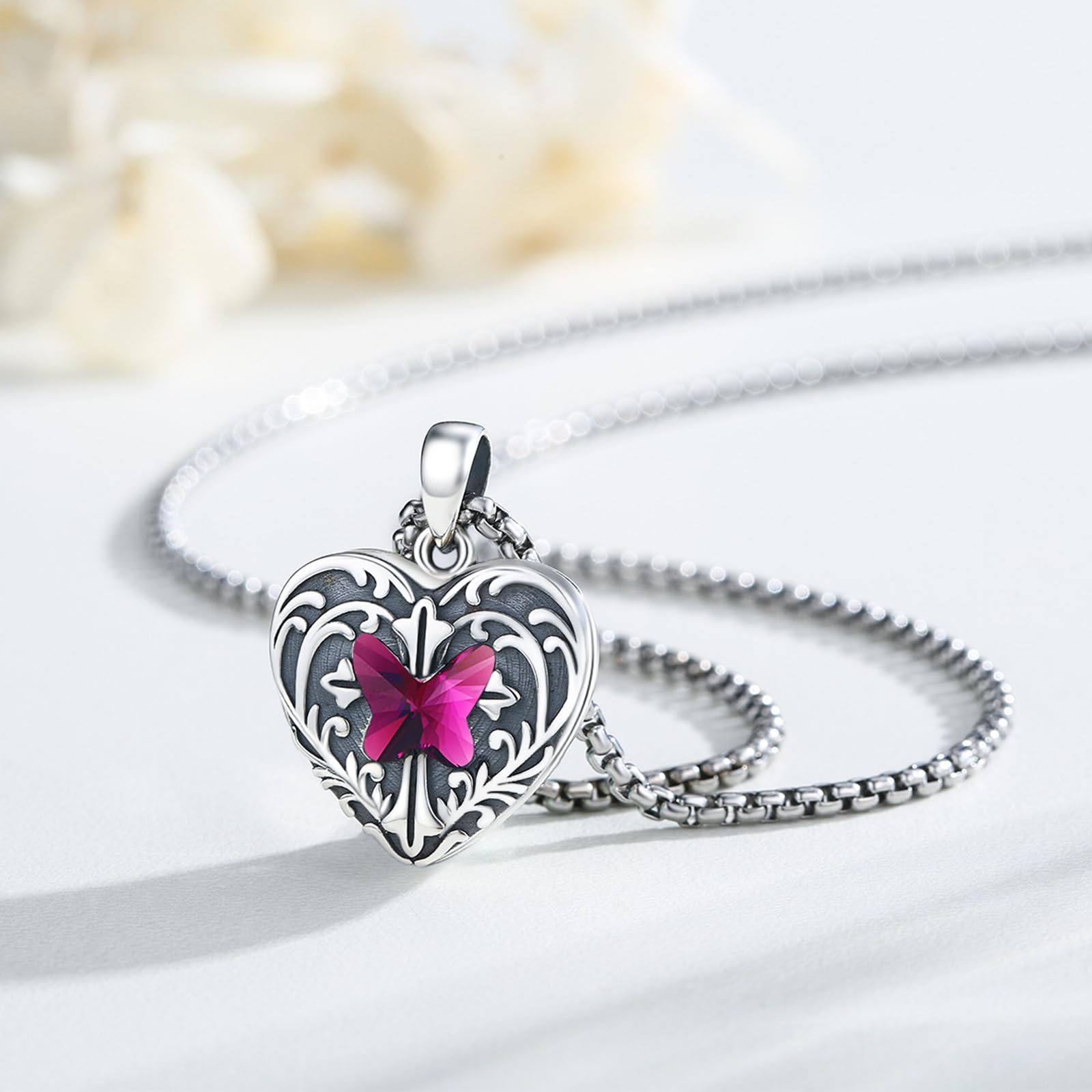 REDSUN Collar con medallón de corazón de plata de ley 925 con colgante de mariposa y foto de cristal azul/rosa/rosa rojo amuleto para mujeres fotos colgantes personalizados regalos para novia, esposa