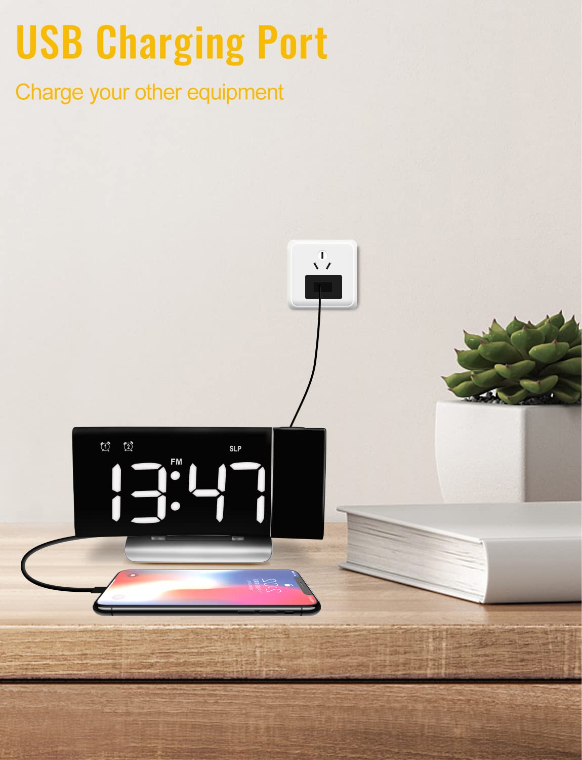 TAKRINK Sveglia da Comodino con Proiettore Ruotabile di 180 Gradi Sveglia Digitale Luminosità Regolabile Sveglia con Proiettore 12/24H Display LED Doppia Sveglia Snooze FM Radio