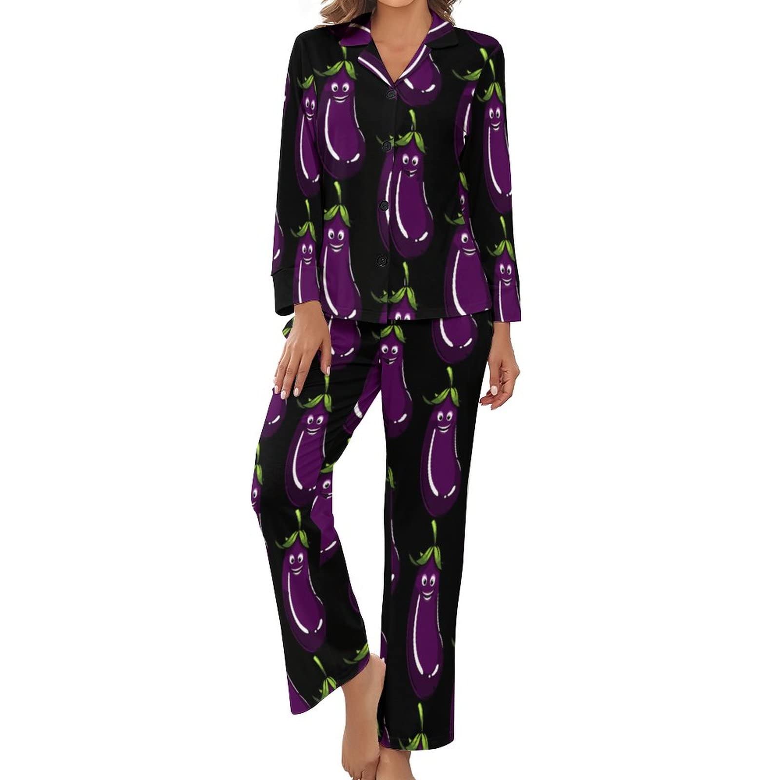 Women's Black Smile Eggplant Pajamas Set Long Sleeve Pj Set Button Down Sleepwear Pajamas Loungewear S
