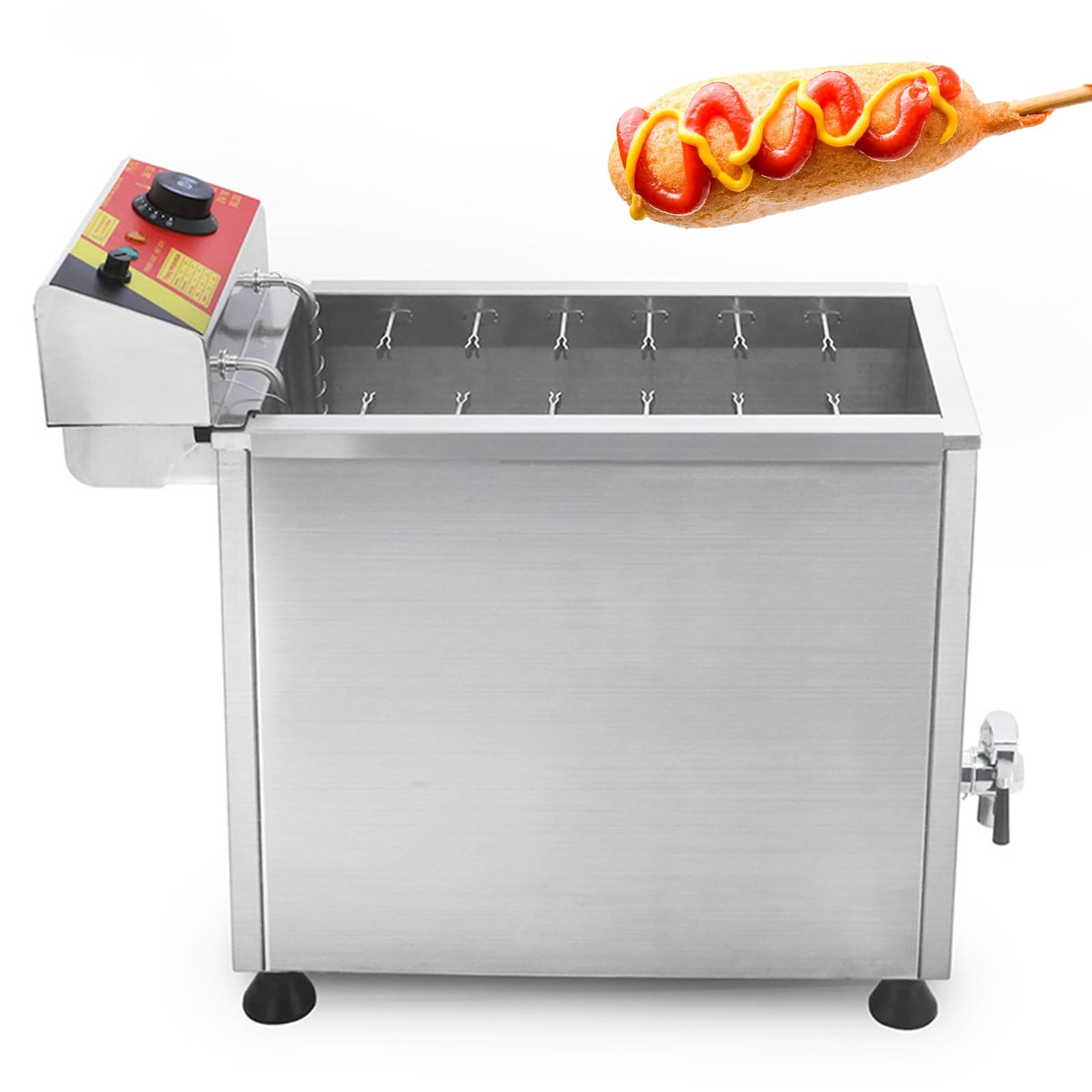 Máquina de Perritos Calientes Fácil de Usar con Perilla de Temperatura, Freidora Eléctrica Comercial con Válvula de Drenaje, Ideal para Principiantes y Fritura Casera.