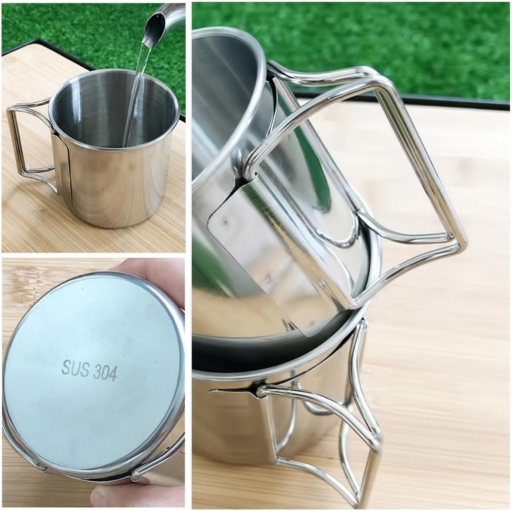 Stainless Steel Camping Cup Pot 220/330/500ml Water Cup Mug with Foldable Handles for Outdoor Camping Hiking Backpacking