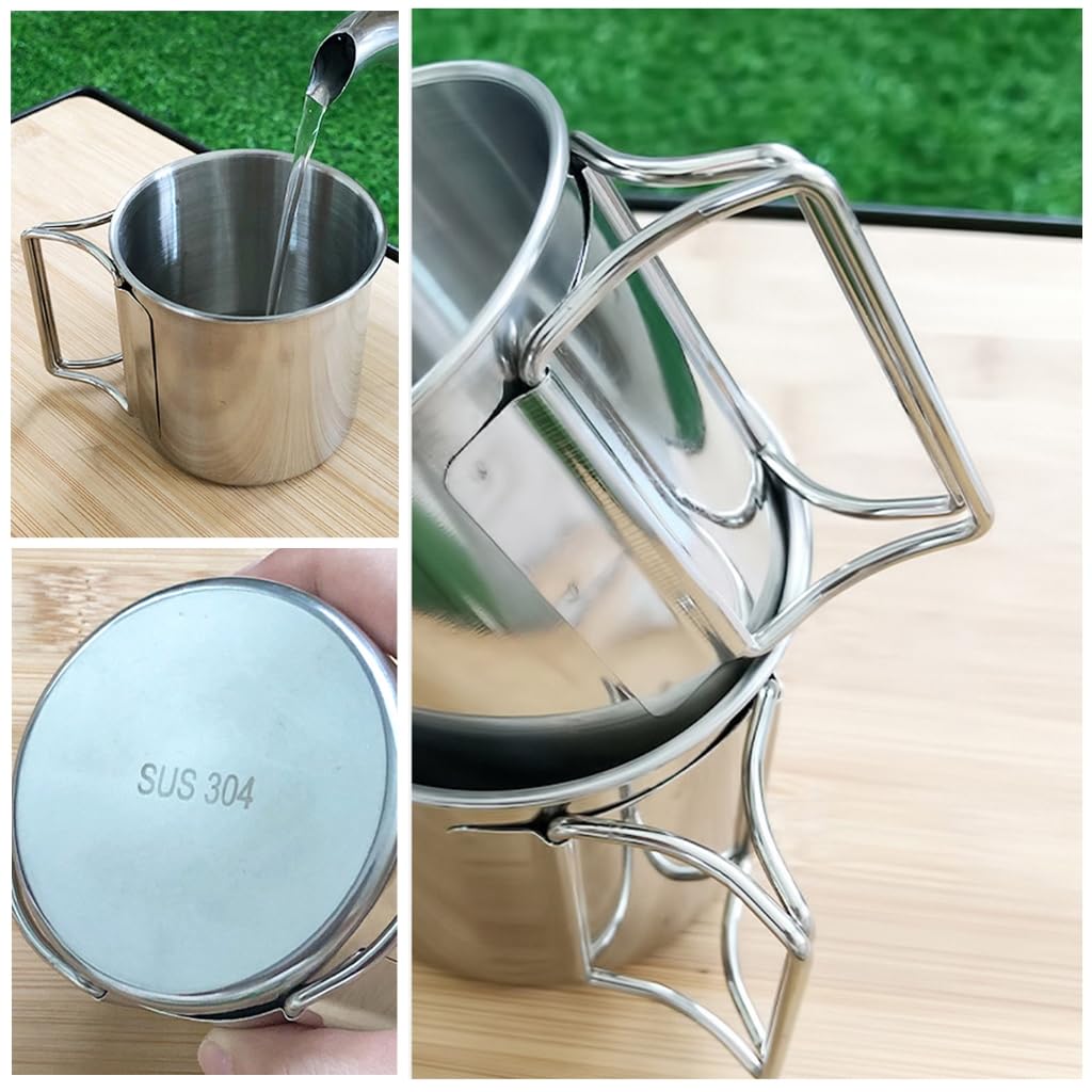 XAGMODSHN Stainless Steel Camping Cup Pot 220/330/500ml Water Cup Mug with Foldable Handles for Outdoor Camping Hiking Backpacking