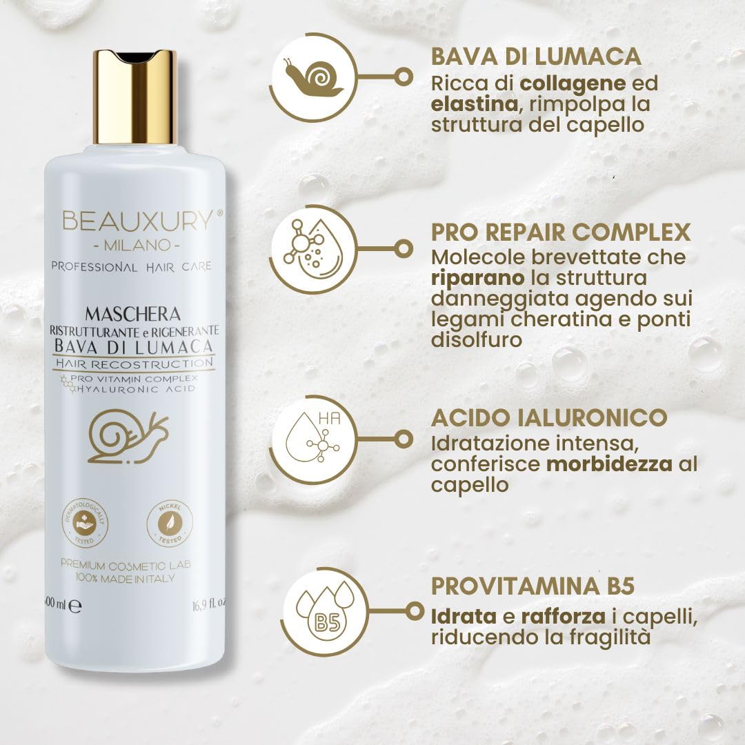 Beauxury Milano Maschera Ricostruzione da 500 ML alla Bava di Lumaca e Acido Ialuronico per Capelli Danneggiati, Crespi e Aridi ad Azione Riparatrice per Danni da Tintura, Decolorazione e Permanente
