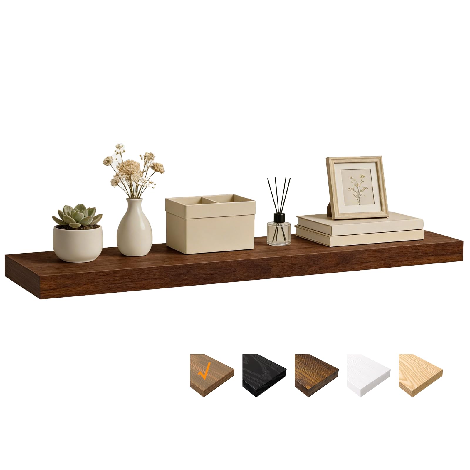 RICHER HOUSE Walnut Floating Shelves for Wall, 100 x 23.5 x 3.8 cm Wooden Shelves, Wall Decor with Invisible Brackets for Bedroom, Living Room, Bathroom, Kitchen, Laundry, Office