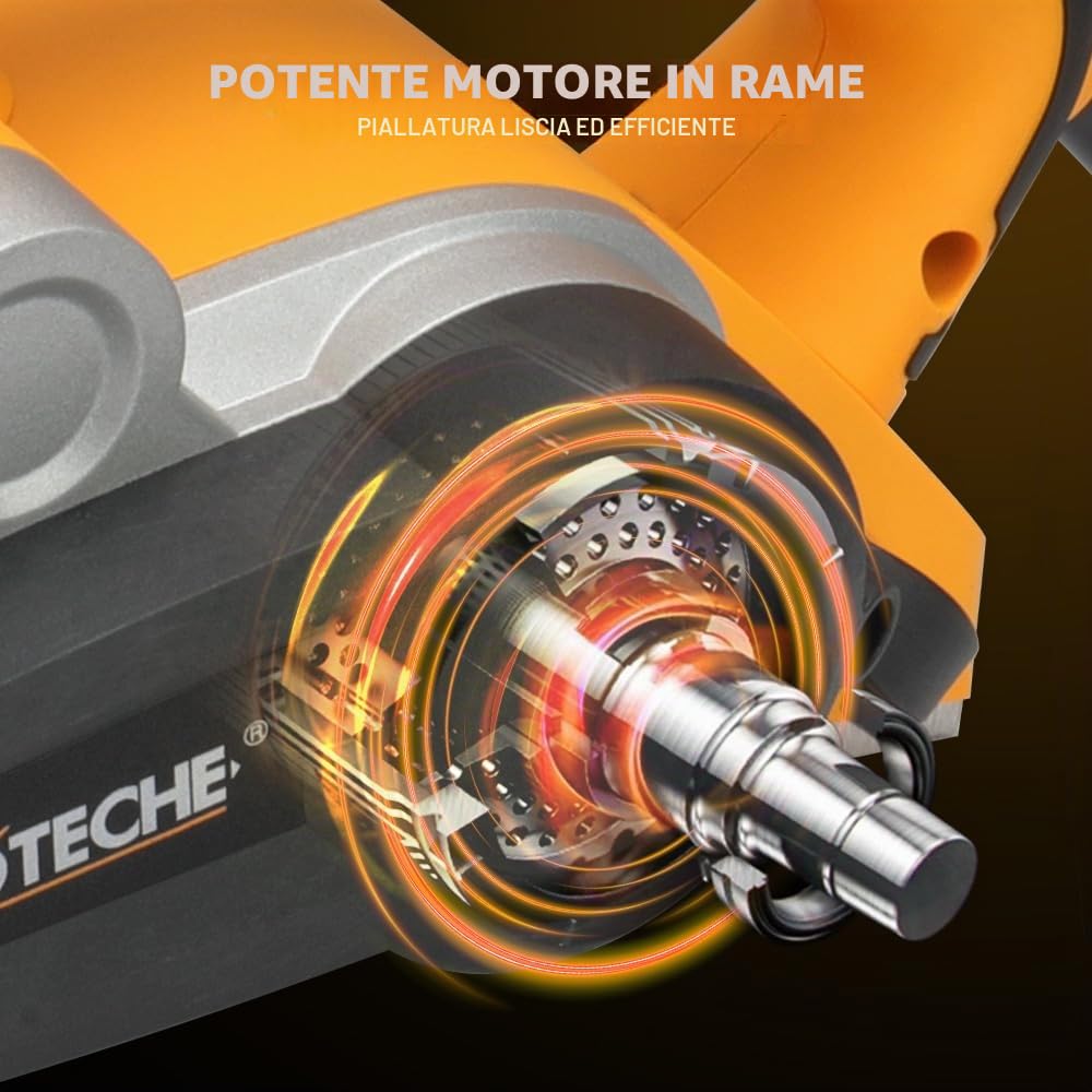 Hoteche Pialla elettrica 900 W, 82 x 3 mm – 16000 rpm, lame 65 mn, spina VDE, piastra in alluminio, accessori inclusi – nero e giallo