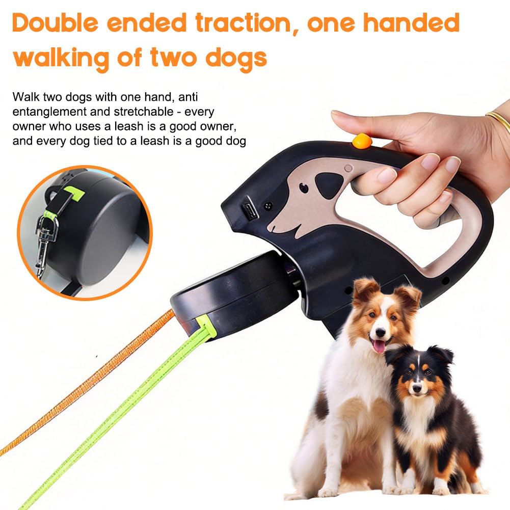 CEWROM Doppelleine für 2 Hunde, 3 m Ausziehbare Anti-Verwickel-Hundeleine mit 360° Drehung, Integrierter Taschenlampe & Kotbeutelhalter, Schnellbremsknopf Für Kleine Und Mittelgroße Hunde