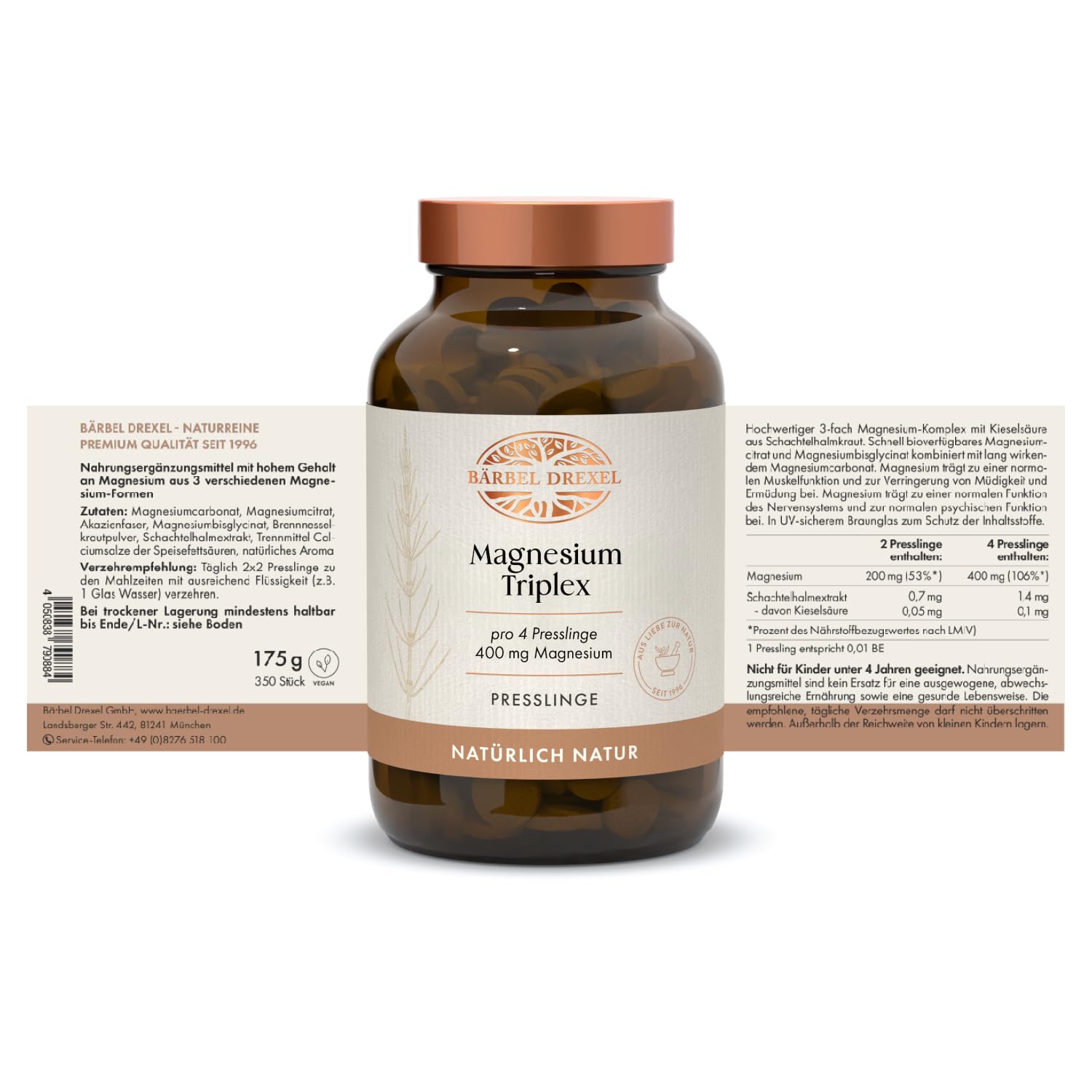 BÄRBEL DREXEL Magnesium Triplex Presslinge, Magnesium Komplex mit Magnesiumbisglycinat, Magnesiumcitrat & Magnesiumcarbonat, mit Brennnessel & Schachtelhalm, 350 Presslinge (88 Tage), vegan
