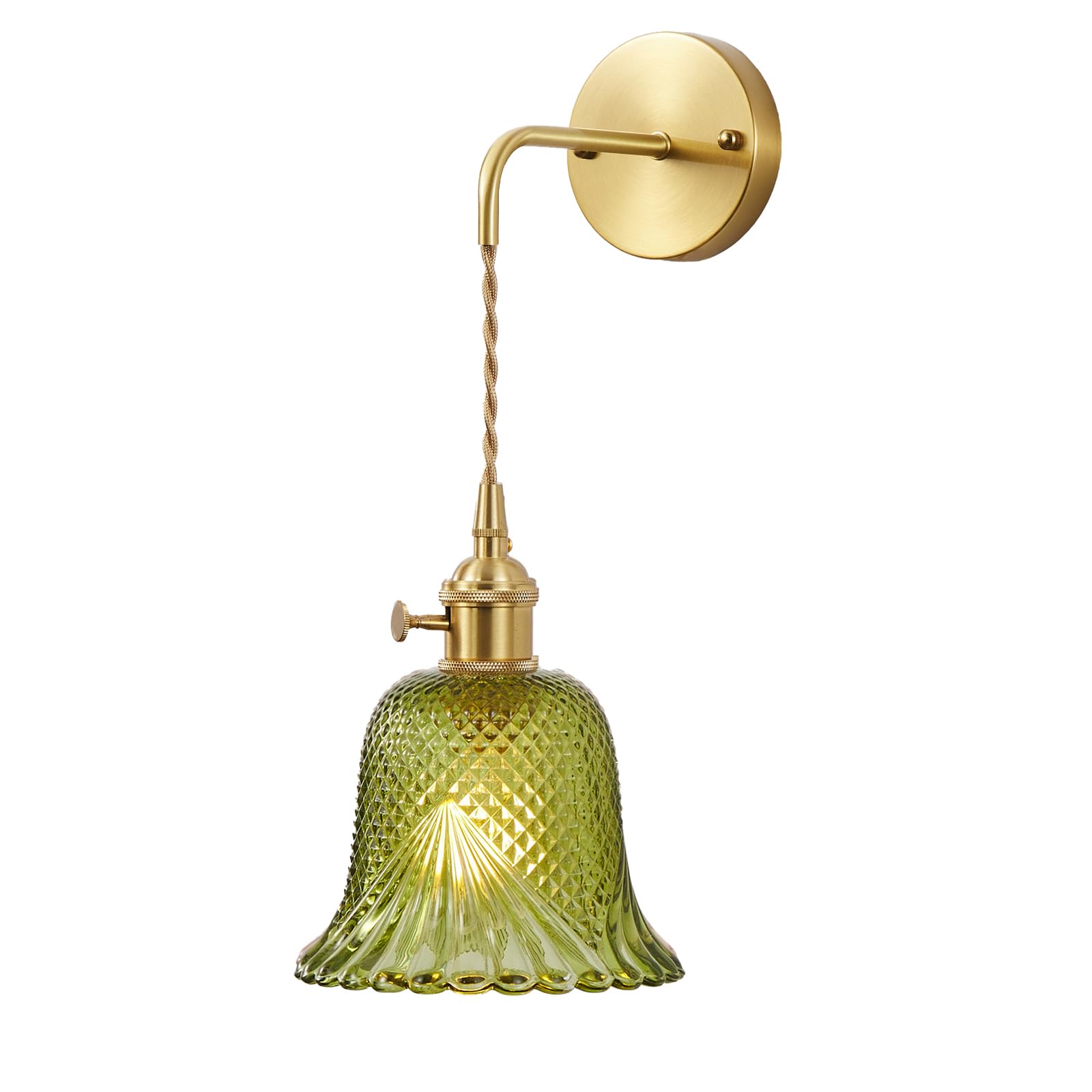 Vintage Green Glass Wall Sconce with Rotary Switch Hardwired Adjustable Cord Bedside Lighting Fixtures E26 Socket for Kitchen