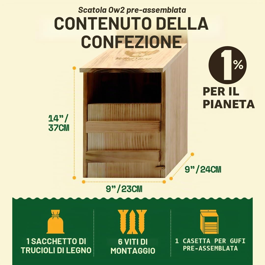 WildYard Casetta per gufi, in legno di cedro, già assemblata, facile da appendere e pulire, include trucioli di legno e viti