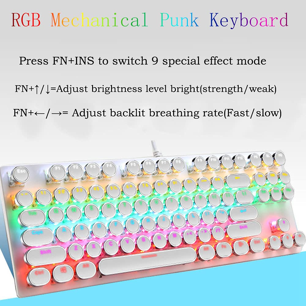 Mechanische Gaming-Tastatur, 87 Tasten, Retro-/Punk-Schreibmaschine, blauer Schalter, Regenbogen-Hintergrundbeleuchtung, Anti-Ghosting, USB-Kabel, für PC, Desktop-Computer, für Spiel und Büro (weiß)