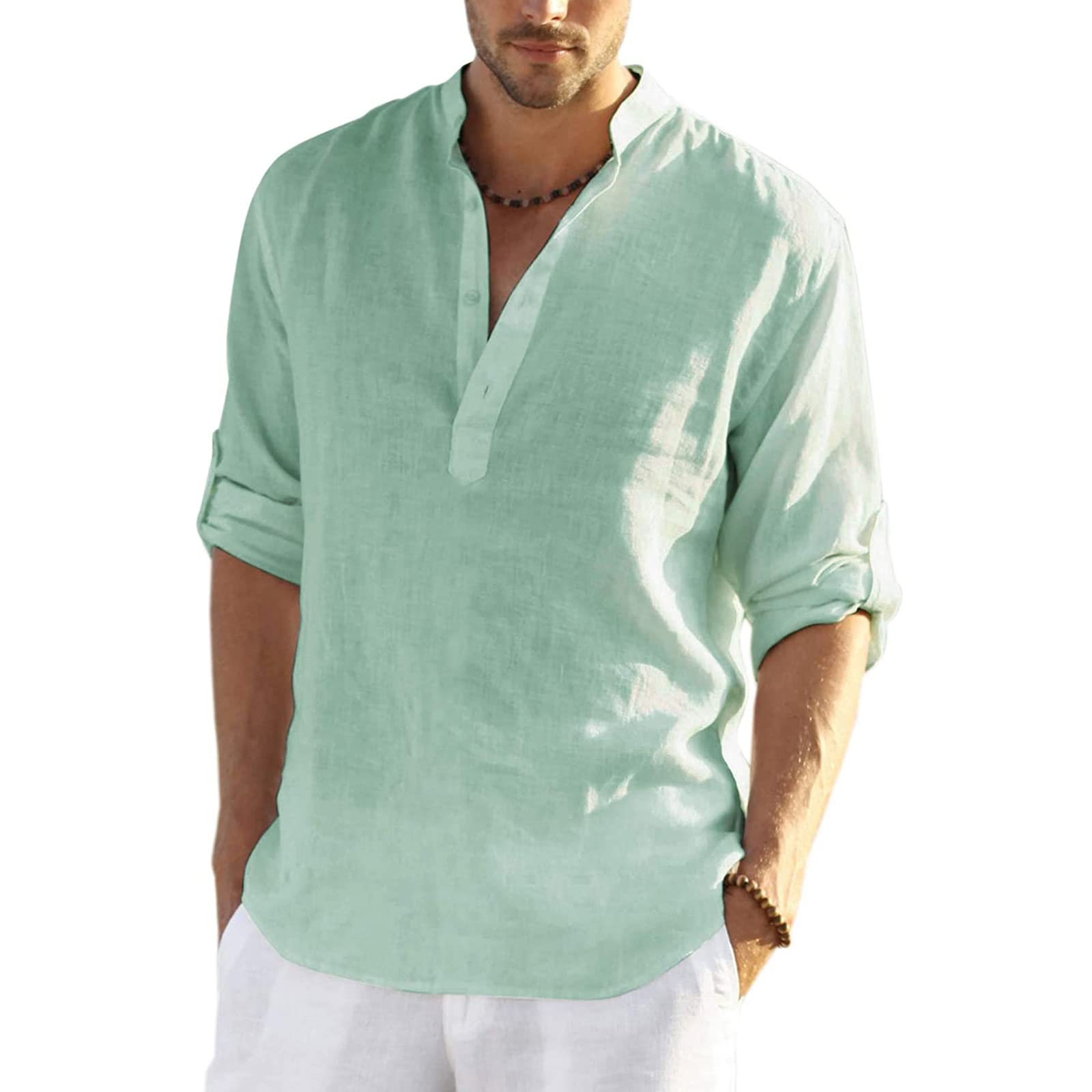 Loalirando Camisa Hombre Cuello Mao Primavera Verano Manga Larga o Manga Corta Top Casual Casual de Lino