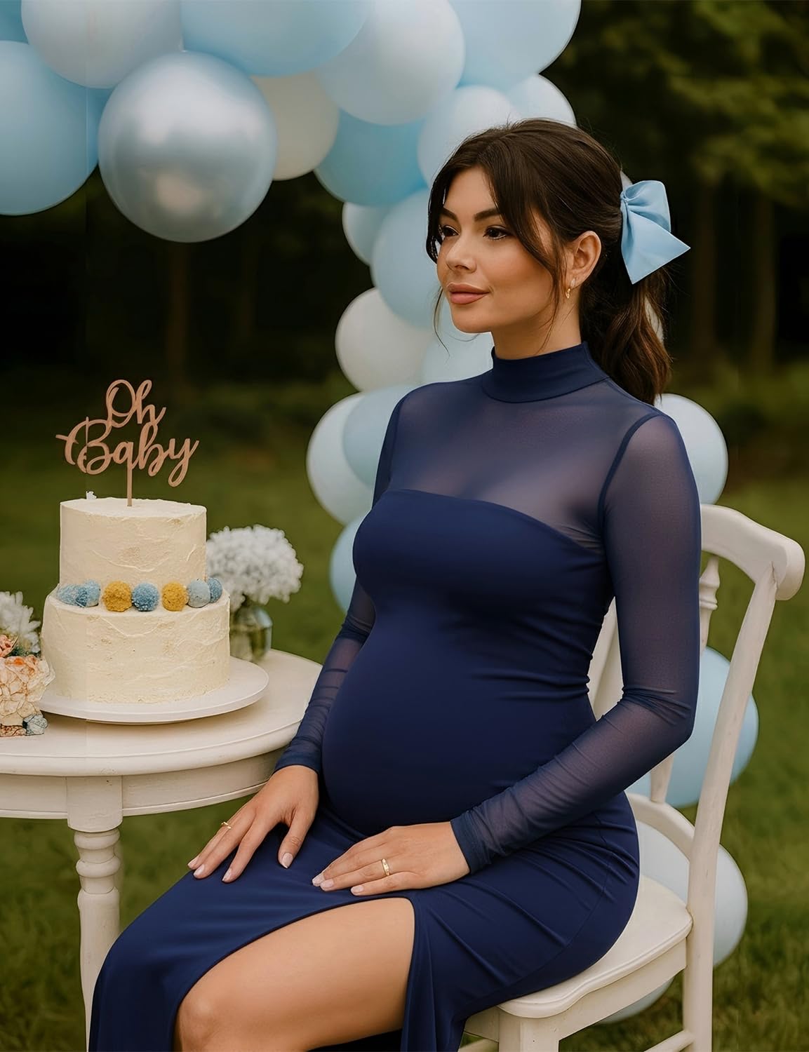 Dedysler Vestido largo de maternidad de manga larga para invitada de boda para baby shower con malla dividida cuello alto falso bodycon casual embarazo