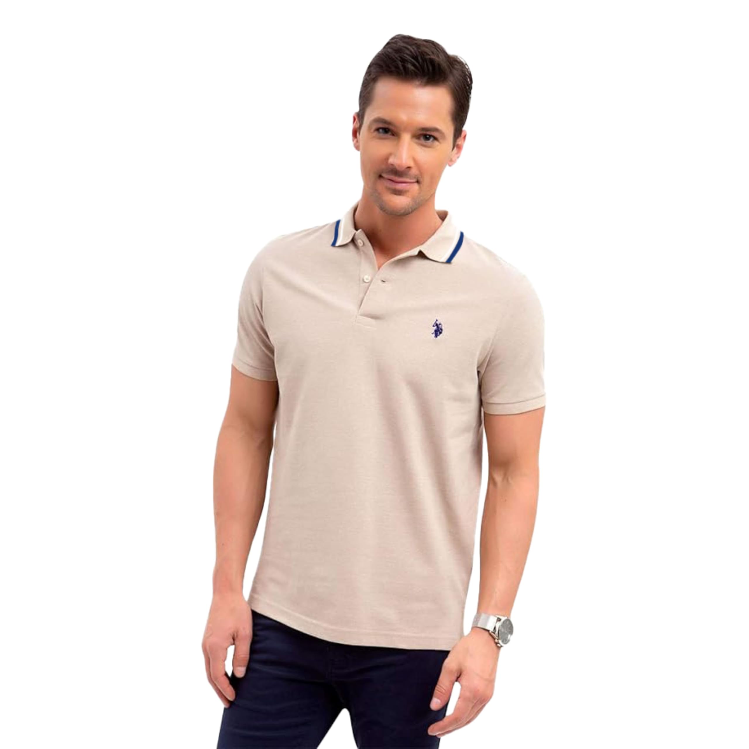 U.s. Polo Assn. Men's Khaki Heather Slim Fit Tipped Interlock Knit Polo, Xl