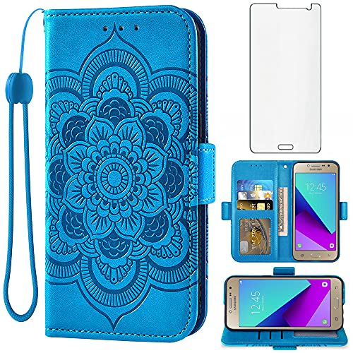 Asuwish Compatible with Samsung Galaxy Grand Prime J2 Prime Wallet Case and Tempered Glass Screen Protector Flip Cover Card Holder Cell Accessories Phone Cases for Glaxay 2 2J Plus Women Men Blue