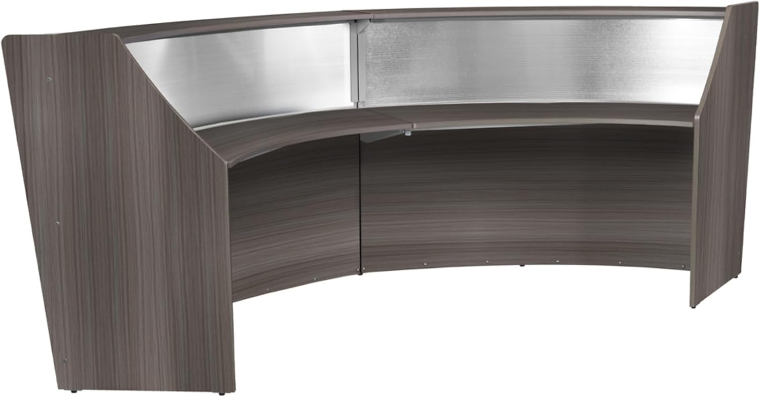 Romig Marque Plexi Double-Unit Reception Curved Desk Workstation “124.25W x 49D” - Driftwood Grey