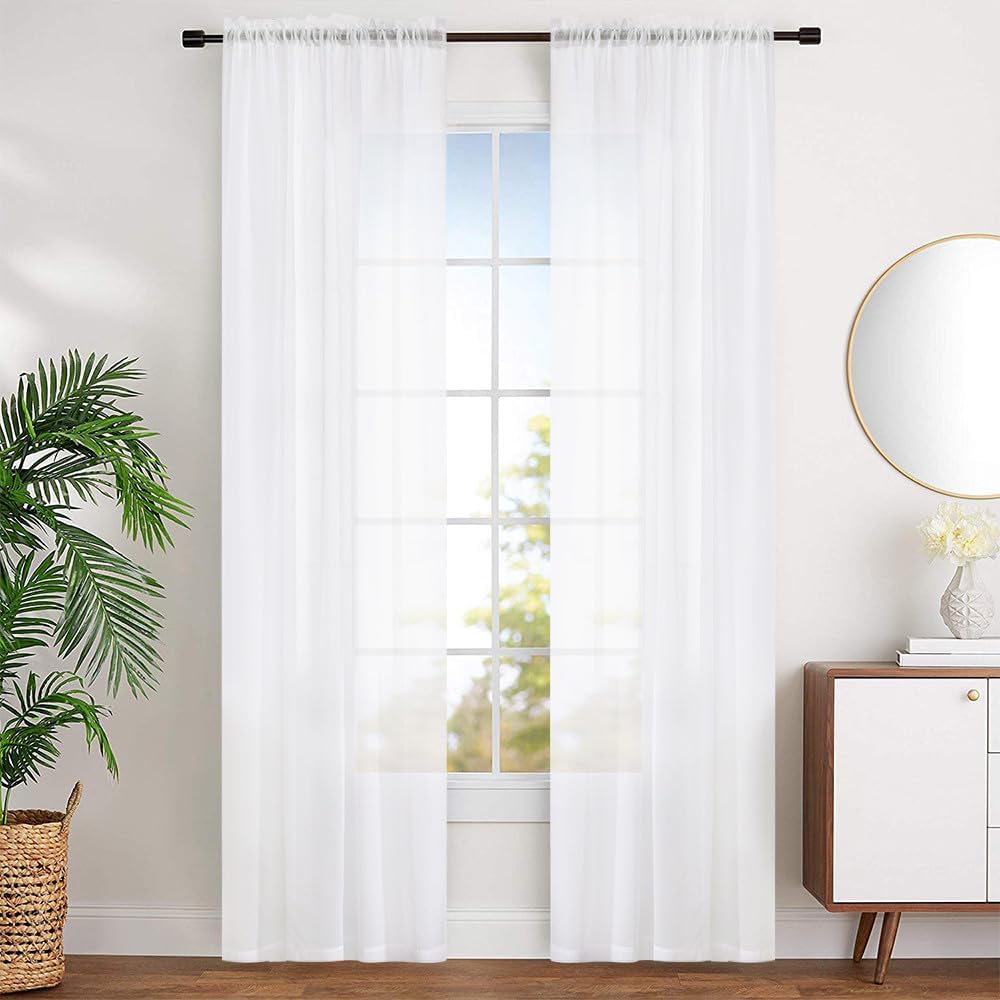 MYSTIC-HOME Sheer Curtains White 95 Inches Long, Window Treatments Rod Pocket Drapes for Living Room, Bedroom, Semi Crinkle Voile Curtain Panels for Yard, Patio, Villa, Parlor, 52\\\"Wx95\\\"L 52\\\"W x 95\\\"L (Pack of4/Set of 2)