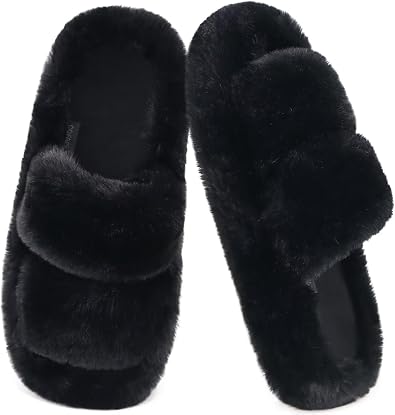 COFACE Womens Fuzzy Slippers Memory Foam Open Toe Slip On House Shoes Size 5-11