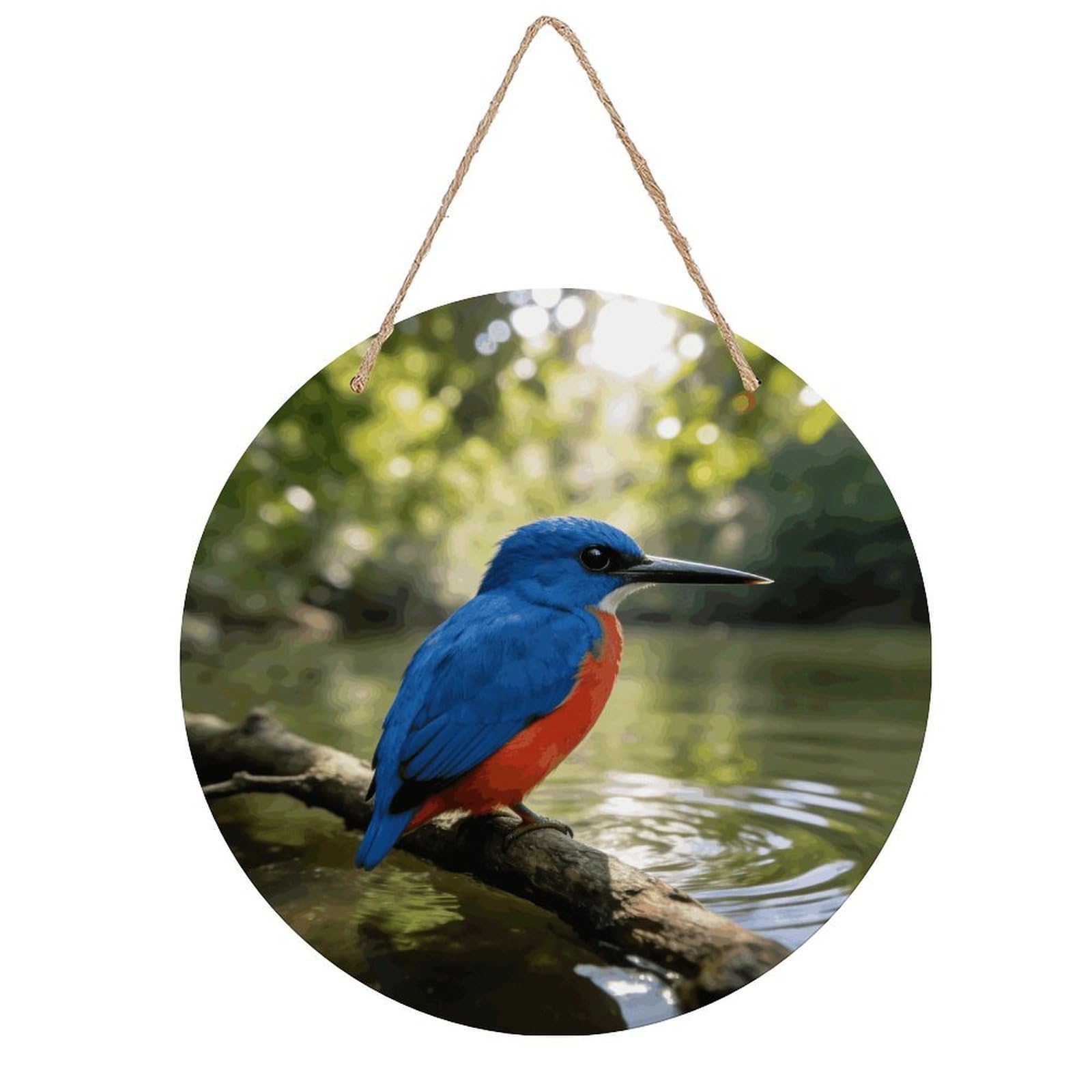 LZQPOEAS Kingfisher Round Wood Wall Art Painting, 7.9 Inch Circular Wooden Door Hanger Decorative Paintings, Rope-Hanging Wooden Wall Plaque for Home Decor And Office Party