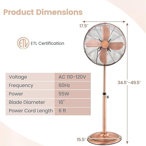 Miniatura 6 de LDAILY Ventilador de pedestal, ventilador oscilante de 16 pulgadas con 3 velocidades, velocidad ancha, altura y ángulo ajustables, ventilador de