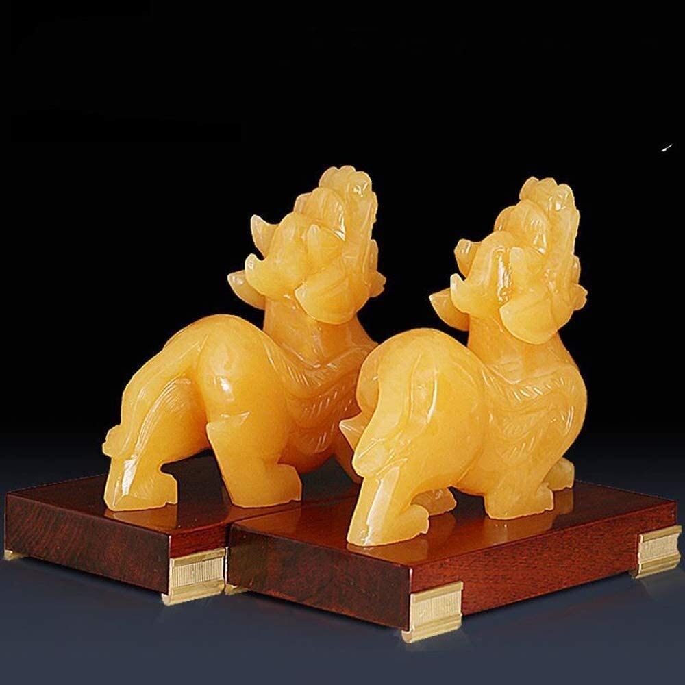Una Coppia di Statue Cinesi Feng Shui PiXiu/PiYao attirano ricchezza e buona Fortuna Decorazione in Giada Gialla Prosperità Figurine Casa e Ufficio 0904