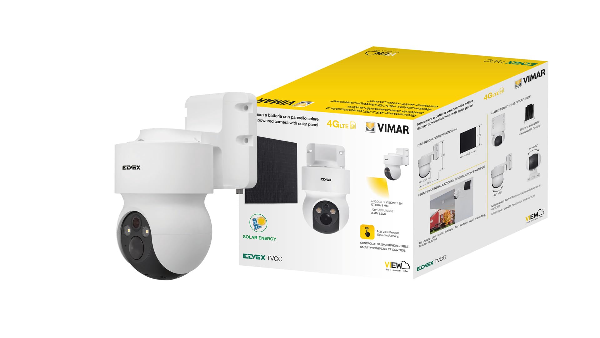 Vimar 46243.030CL Telecamera IP a batteria PT 4G LTE 3Mpx (2304 x 1296) da esterno con pannello solare, visione notturna a colori, rilevatore di movimento intelligente con app, 155×200×103mm