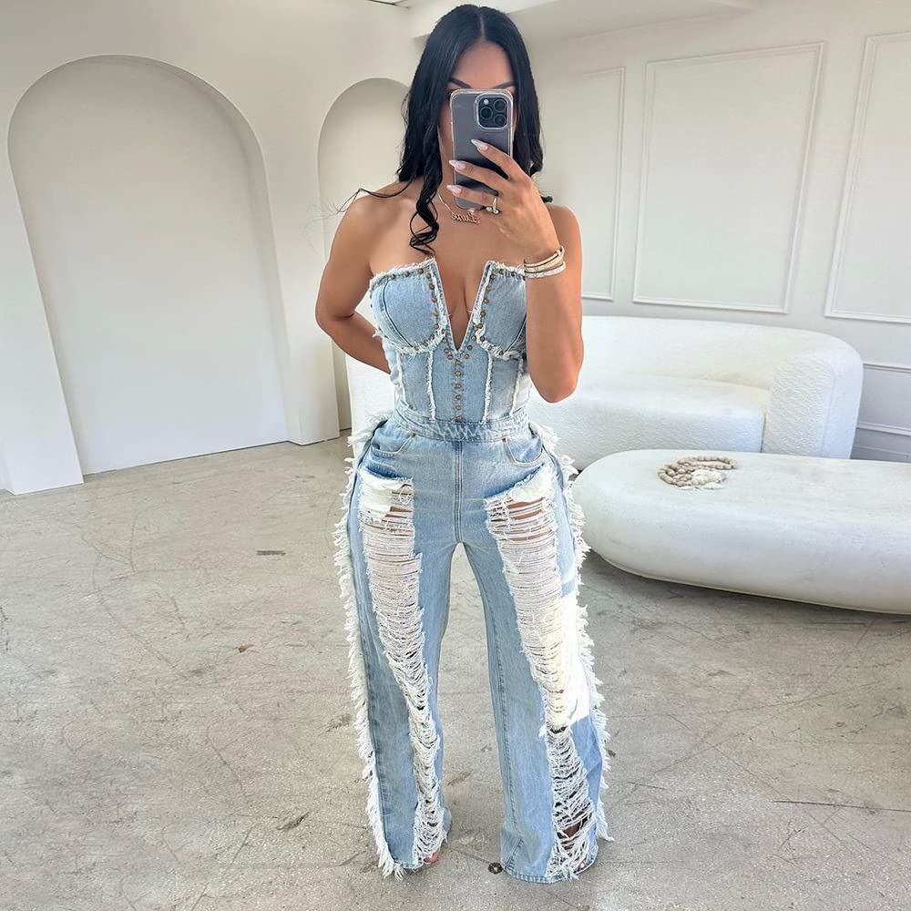 Femmes Jeans déchiré Strapless Denim Jumpsuit, 2023 Summer Ladies Off Shoulder Sexy Solid Color Classic Fit Personality Holiday Sets