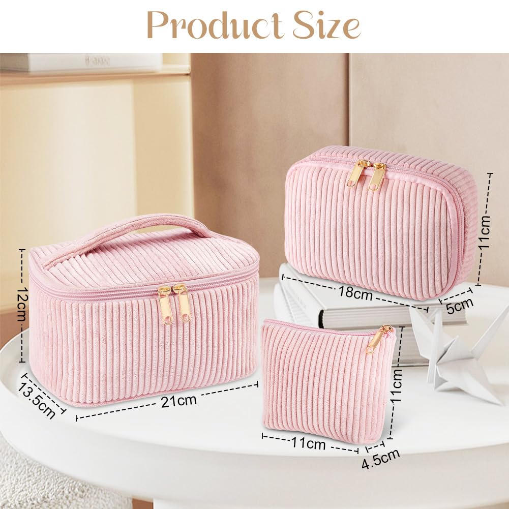 Aucuu Corduroy Cosmetic Bag, 3 Pcs Makeup Bag, Large, Medium and Small Cosmetic Bag - Image 2