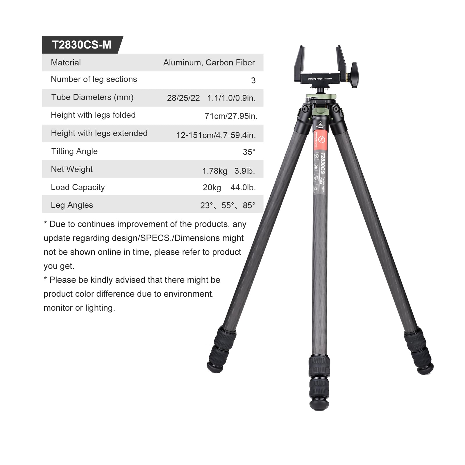SUNWAYFOTO Trépied de chasse T2830CS-M en fibre de carbone pour fusil, avec tête sphérique et support de selle, charge 20 kg.