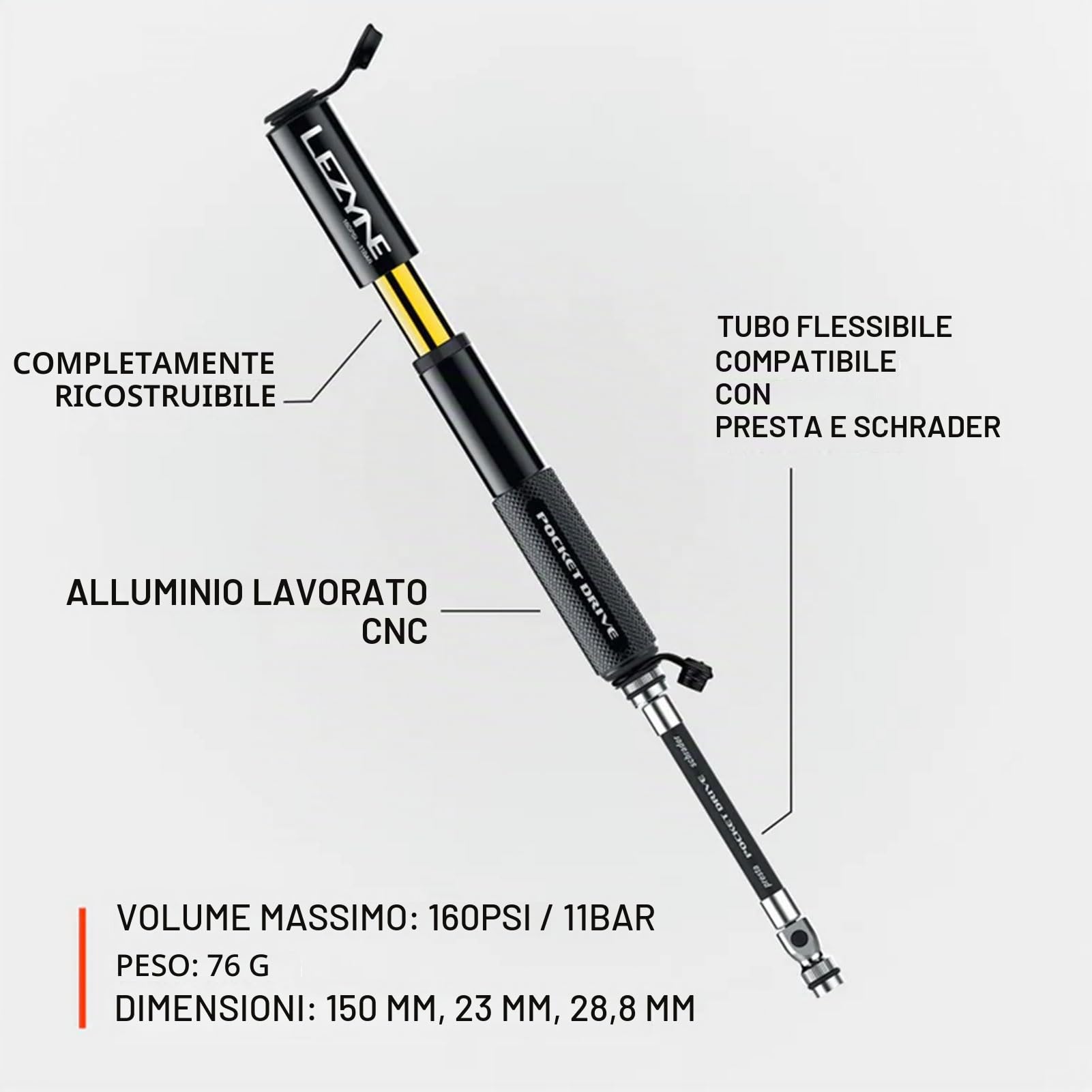 LEZYNE Pompa manuale per bicicletta HP Pocket Drive 160 PSI, alluminio CNC, Presta e Schrader