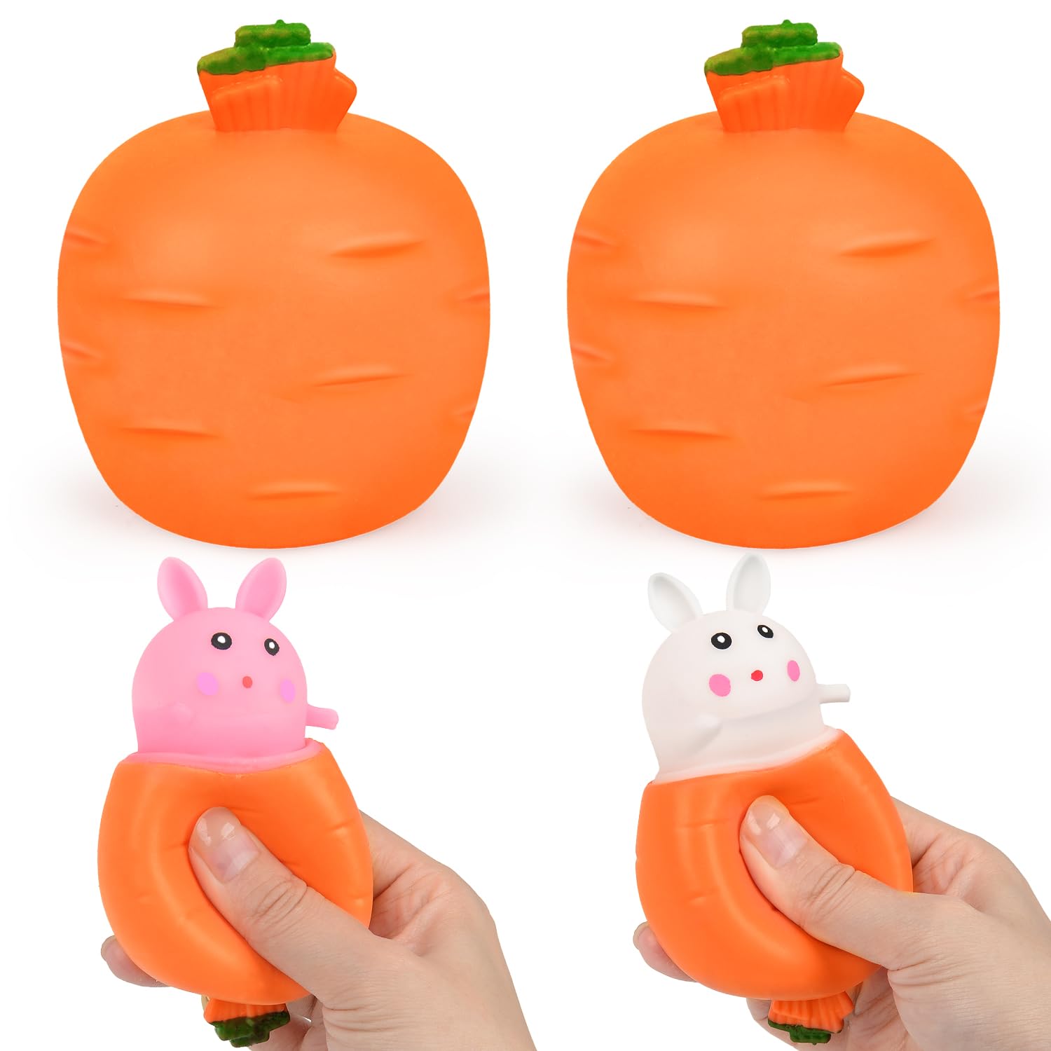 2Pcs Easter Bunny Squeeze Toys, Carrot Rabbit Fidget Toys, Animal Squeeze Toys, Sensory Stress Toys Easter Party Bags Fillers, Funny Novelty Toy Gifts for Kids Adults Boys Girls