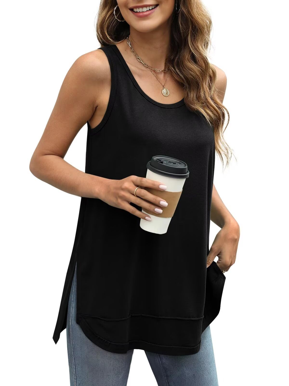 WIHOLL Womens Tank top Loose Fit Sleeveless Summer Tops for Women Casual Side Split Curved Hem Shirts Trendy 2025