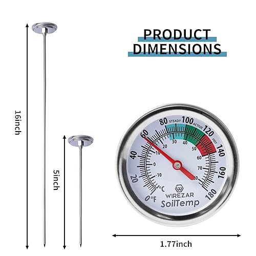 Miniatura 6 de Termómetro de suelo de compost, termómetro impermeable de temperatura del suelo, vástago de acero inoxidable de 16 pulgadas, ideal para suelo,