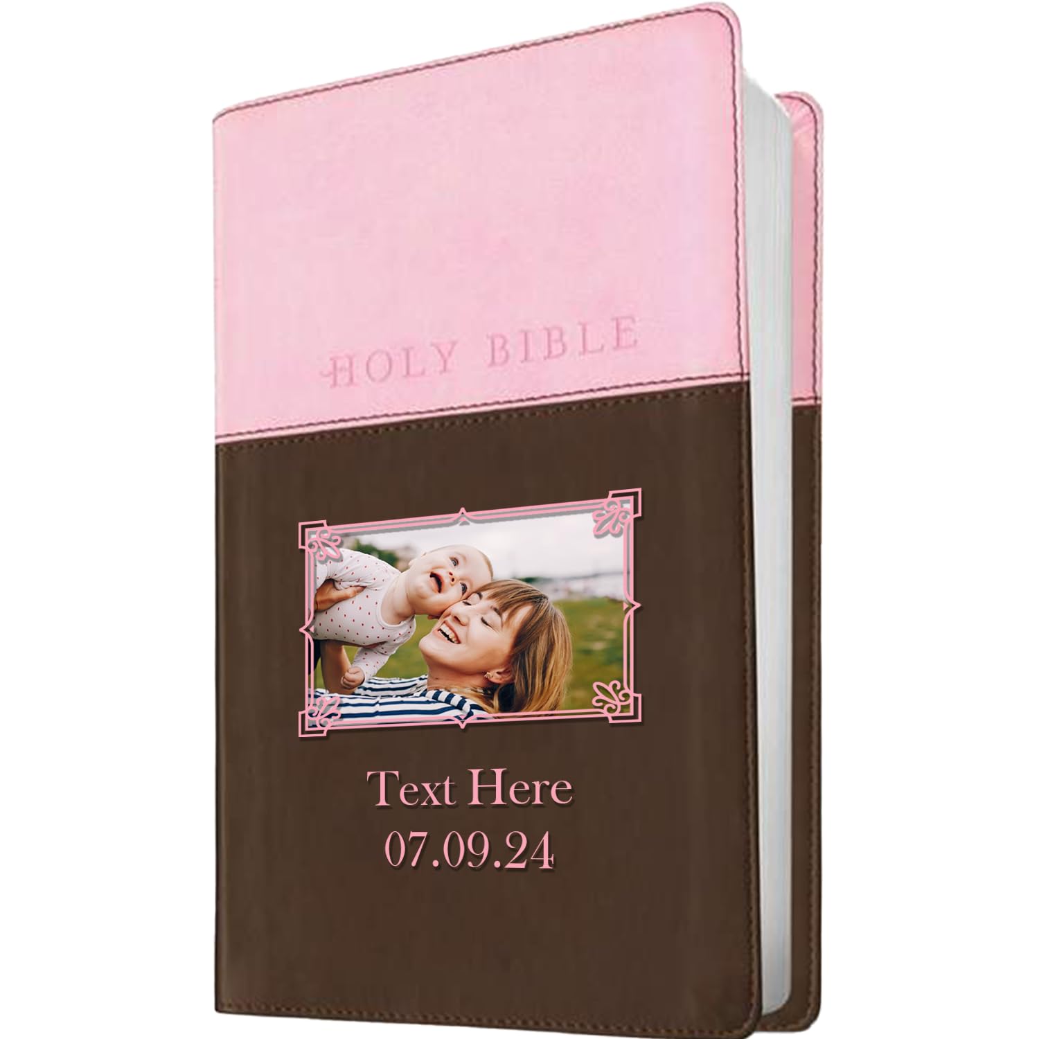 Printualist Personalized Gift Bible with Custom Text & Photo, NLT, Pink/Dark Brown TuTone, New Living Translation Version Premium Gift Bible, Faux