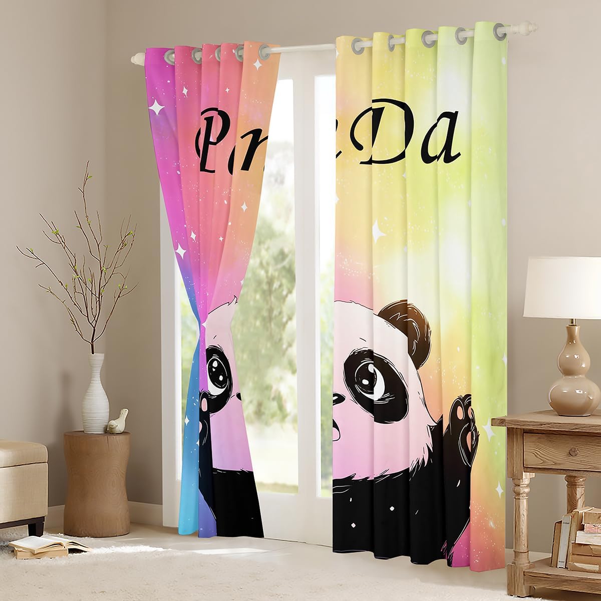 jejeloiu Cartoon Panda Curtains for Bedroom Living Room Cute Panda Blackout Shades Kawaii Animal Room Darkening Curtain Colorful Window Treatments, 2 Panels 52 x 84 Inch Decor image 3