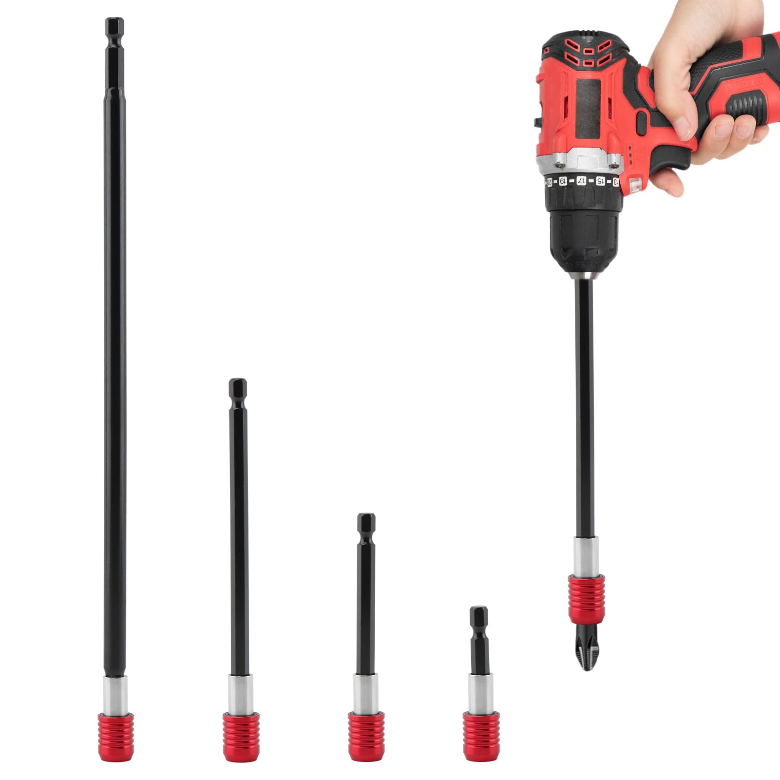 Drill Bit Extension 2/4/6/12", 4Pcs Magnetic Bit Holder, Drill Extension Bits Holder 1/4" Hex for Impact Driver CRV Steel Quick Release for Screwdriver Bits Nut (Red)