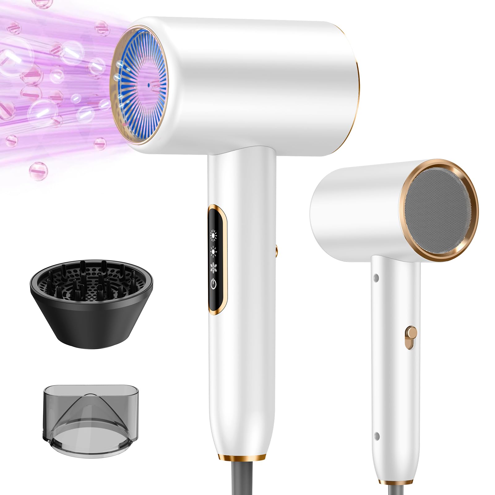 Secador de Pelo Profesional Iónico 2200W, Secadores de Pelo Iónico Real, 3 Temperaturas 2 Velocidades, Secador Ionico con Concentrador y Difusor