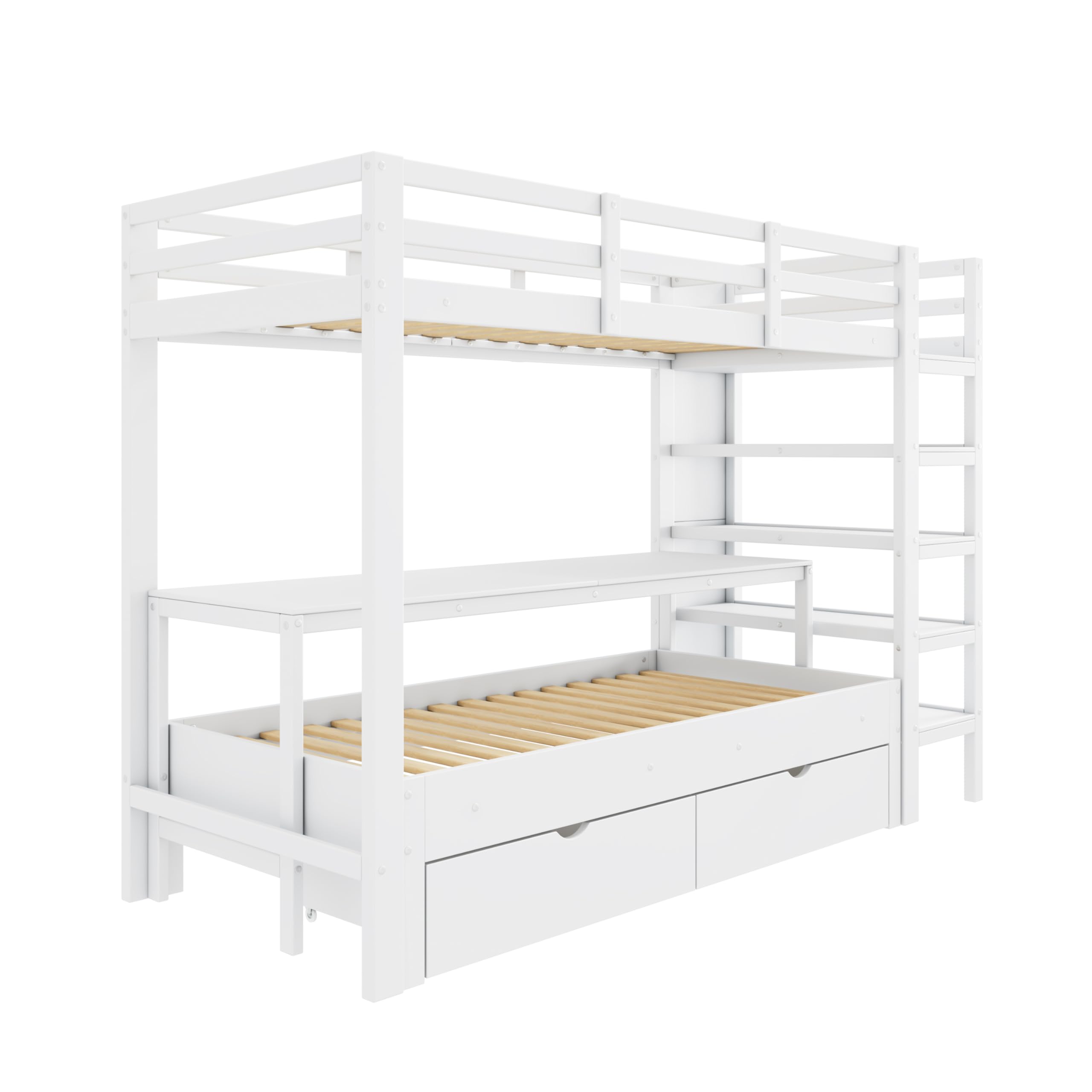Kayan Kinder-Etagenbett, Doppelbett, multifunktionales Kinderbett, mit Leiter, mit Tisch, mit Aufbewahrungsschubladen unter dem Bett, mit Aufbewahrungsregal, ohne Matratze, Massivholz, weiß, 90 * 200